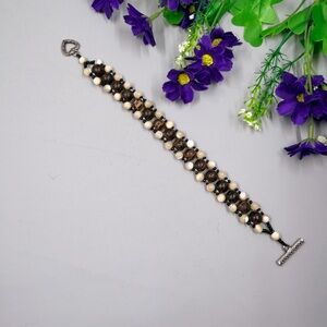 Genuine Wood and Stone Beaded Bracelet with Toggle Closure